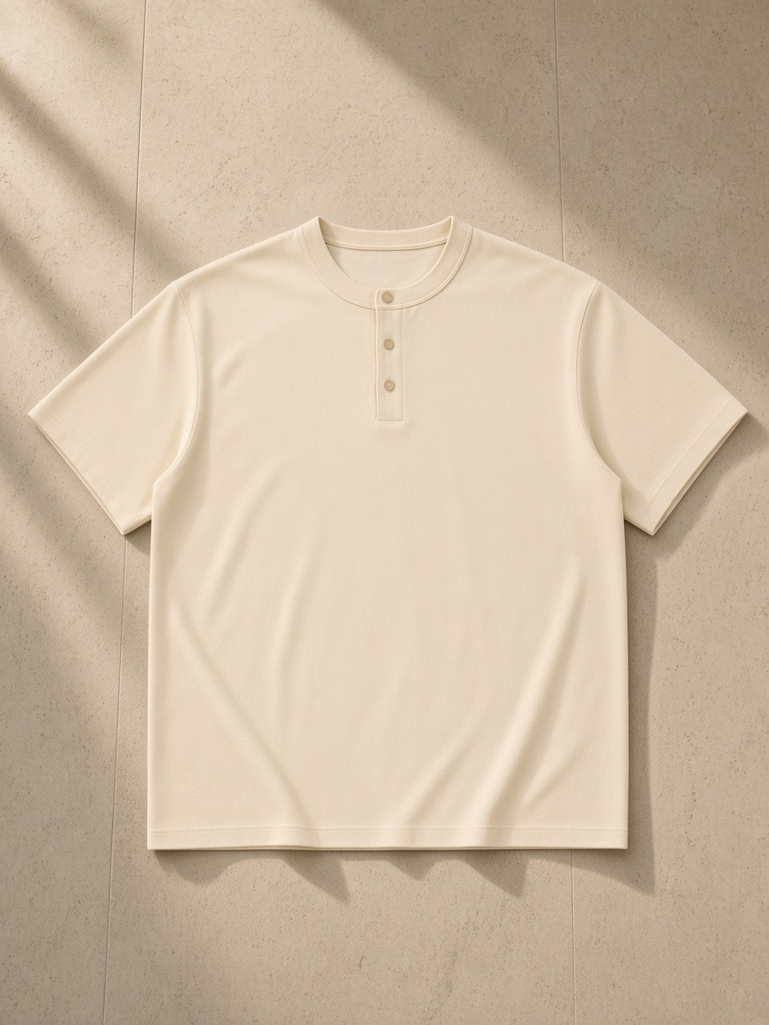 Short Sleeve Henley Shirt in Apricot, laid flat on pale limestone