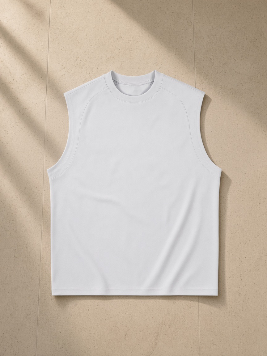 Sorona Quick-Dry Cooling Tank Top in Light Gray, laid flat on pale limestone