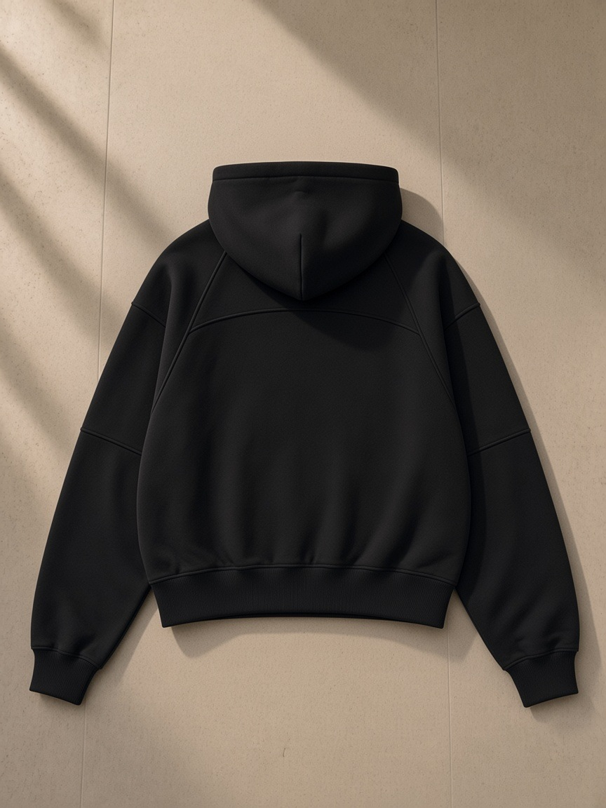 Cropped zip-through hoodie in Black, laid flat on pale limestone, back view