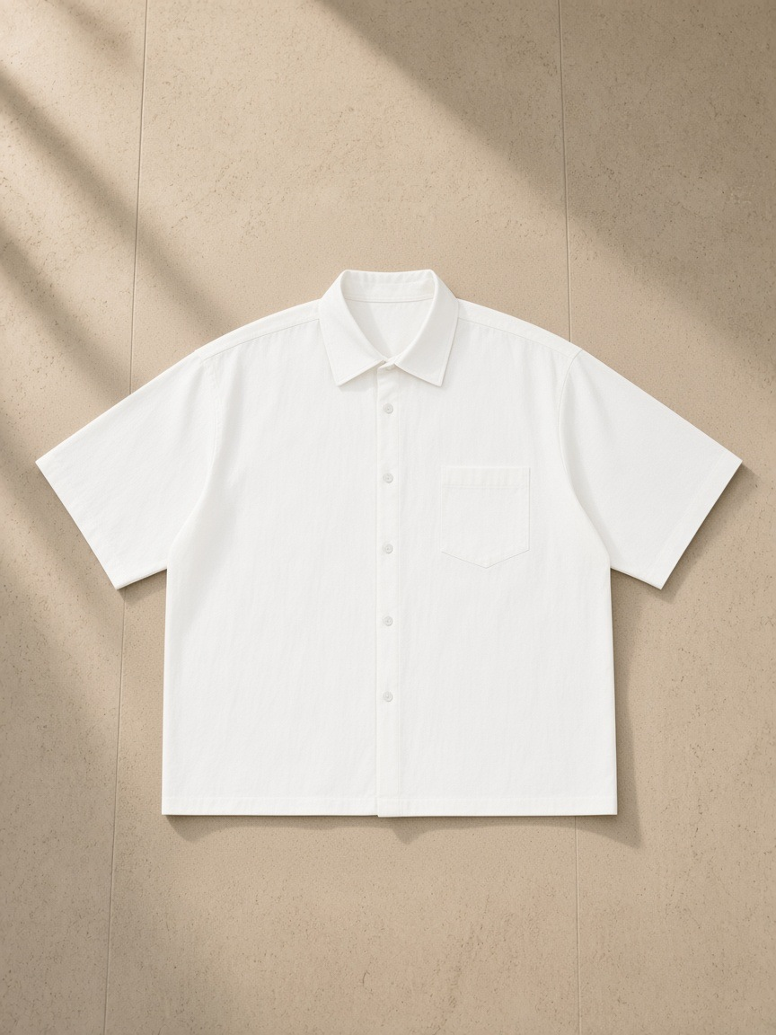 Boxy heavyweight short sleeve shirt in White, laid flat on pale limestone