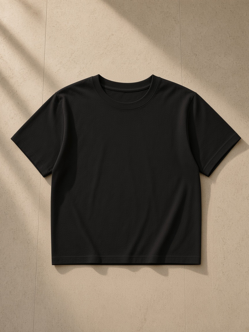 Fitted Crop Cotton T-Shirt in Black Beauty, laid flat on pale limestone