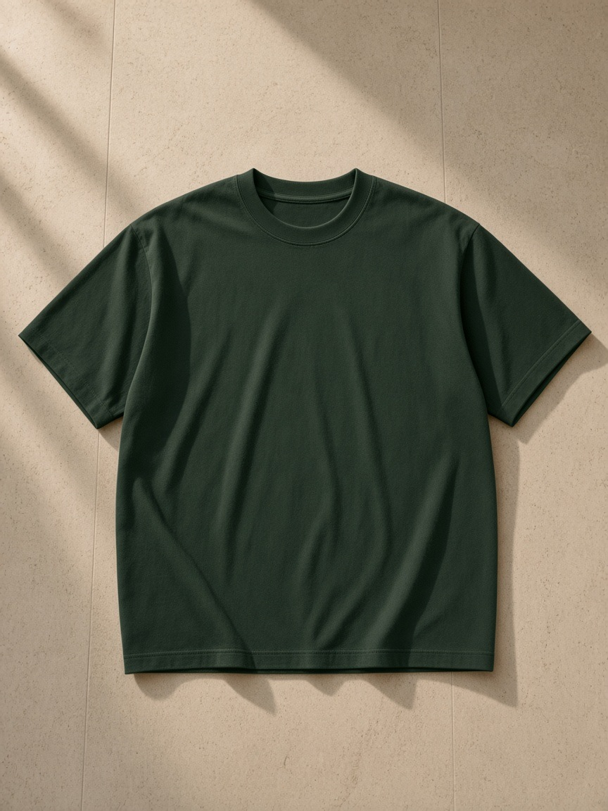 Women's Heavyweight Earth Tone T-Shirt in Blackish Green, laid flat on pale limestone