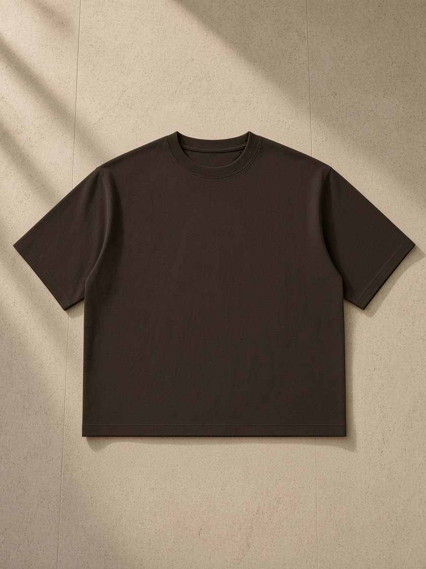 Women's Heavyweight Boxy T-Shirt in Coffee, laid flat on pale limestone
