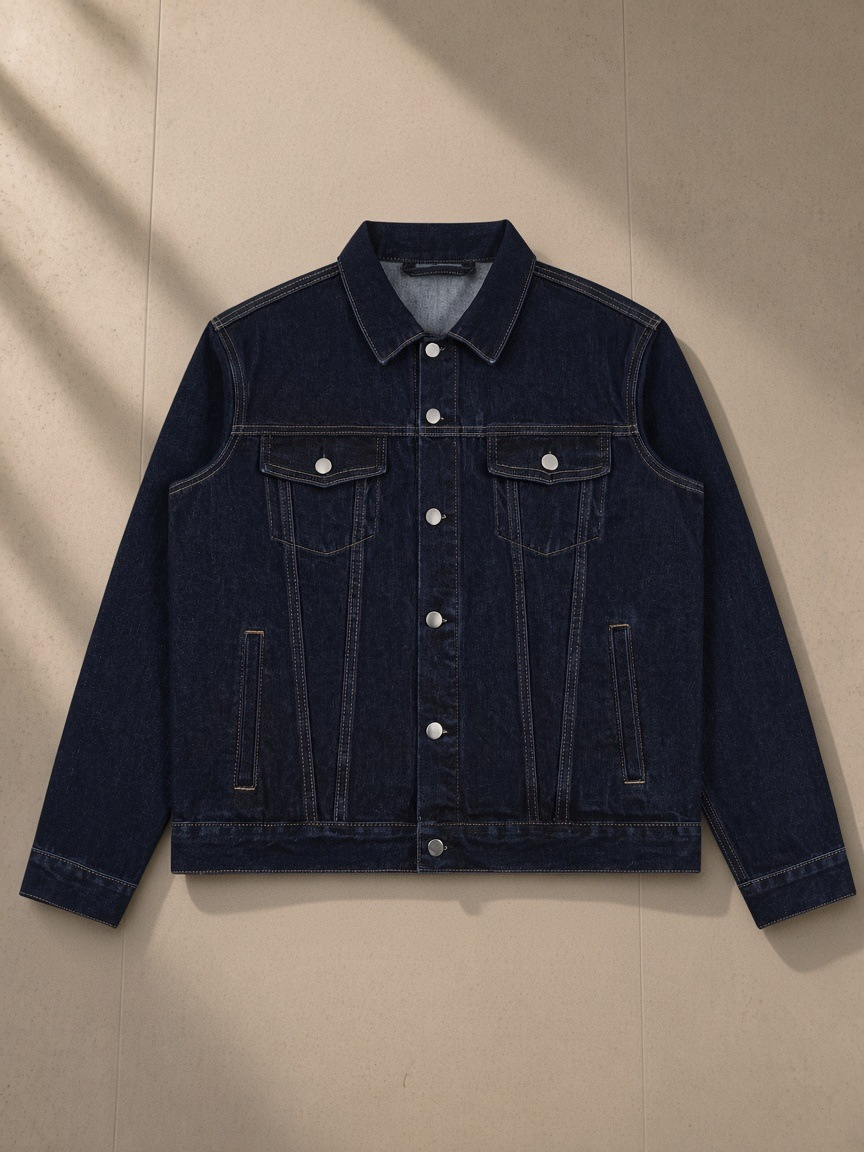 Vintage Wash Denim Jacket in Navy Blue, laid flat on pale limestone