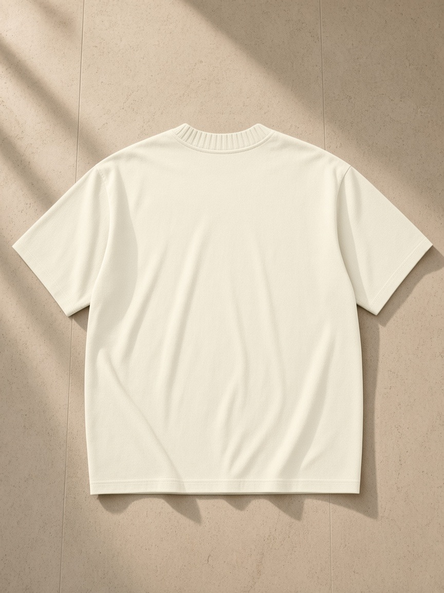 Heavyweight Knit Round Neck T-Shirt in Apricot, laid flat on pale limestone, back view