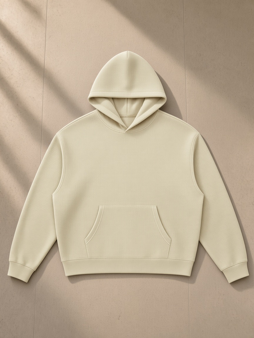 Waffle boxy hoodie in Apricot, laid flat on pale limestone