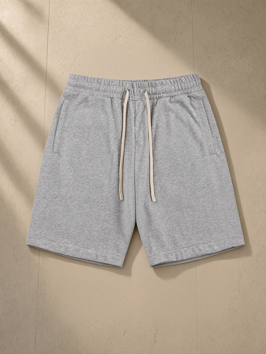 Essential Cotton Shorts in Flower Gray, laid flat on pale limestone