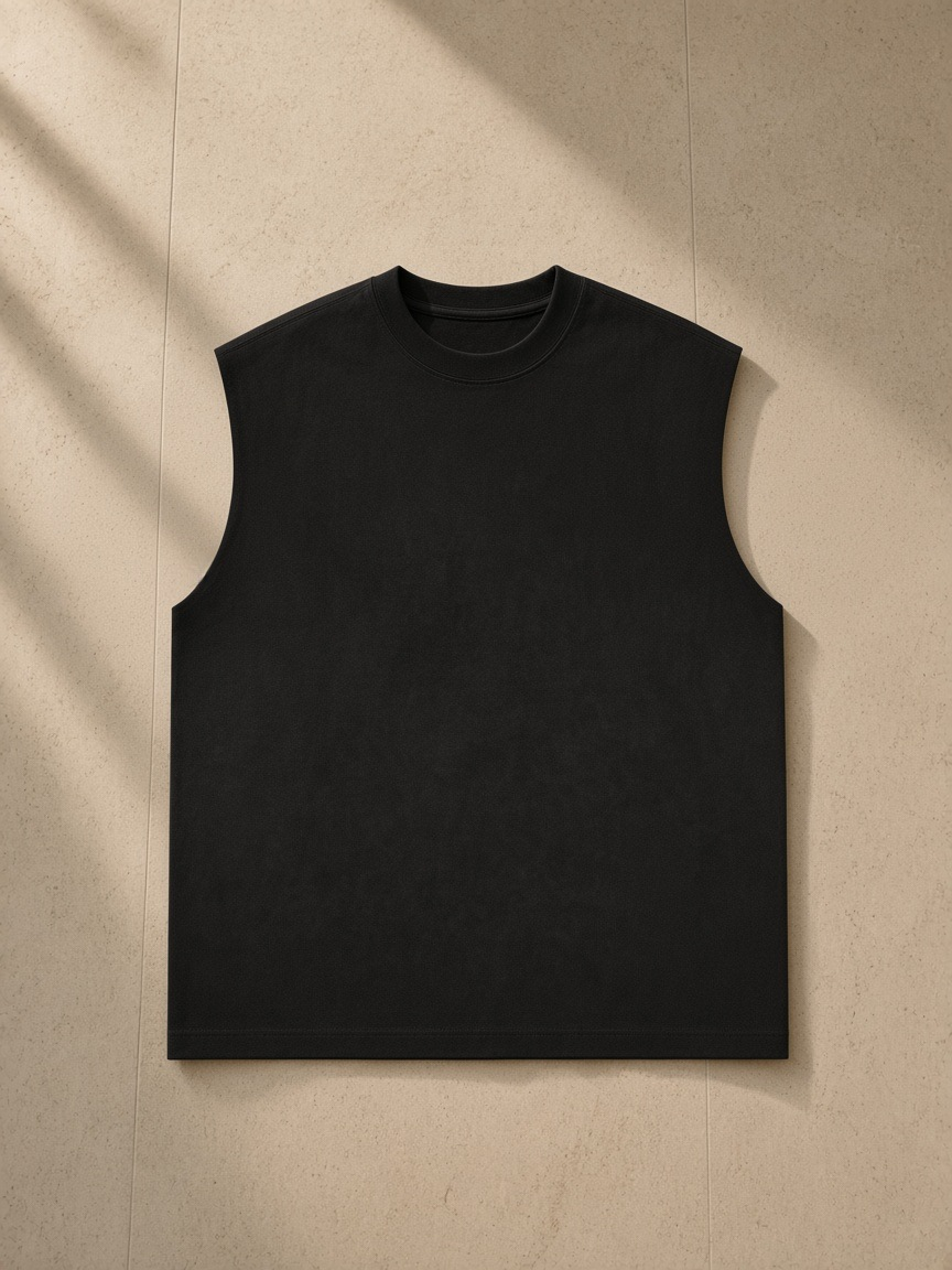 Reverse Washed Tank Top in Black, laid flat on pale limestone