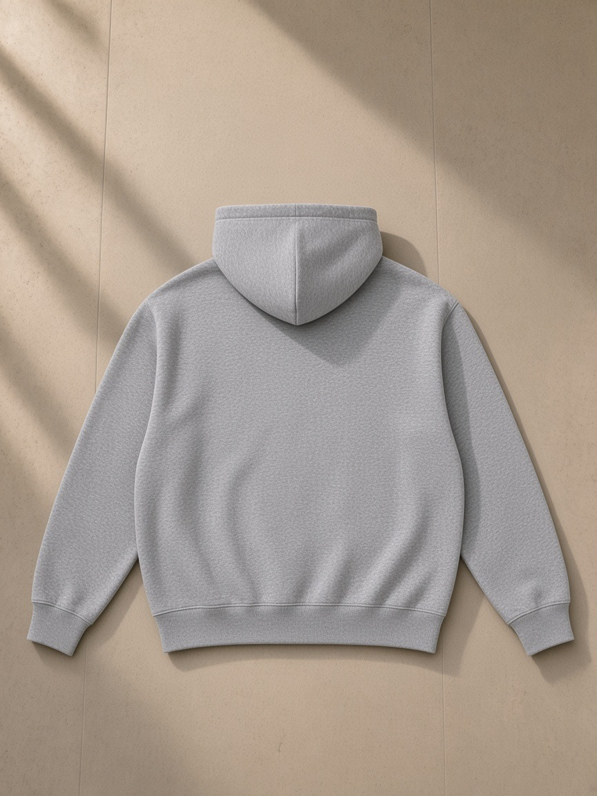Unisex heavyweight boxy fleece hoodie in Flower Gray, back view on white. Marcel Afters