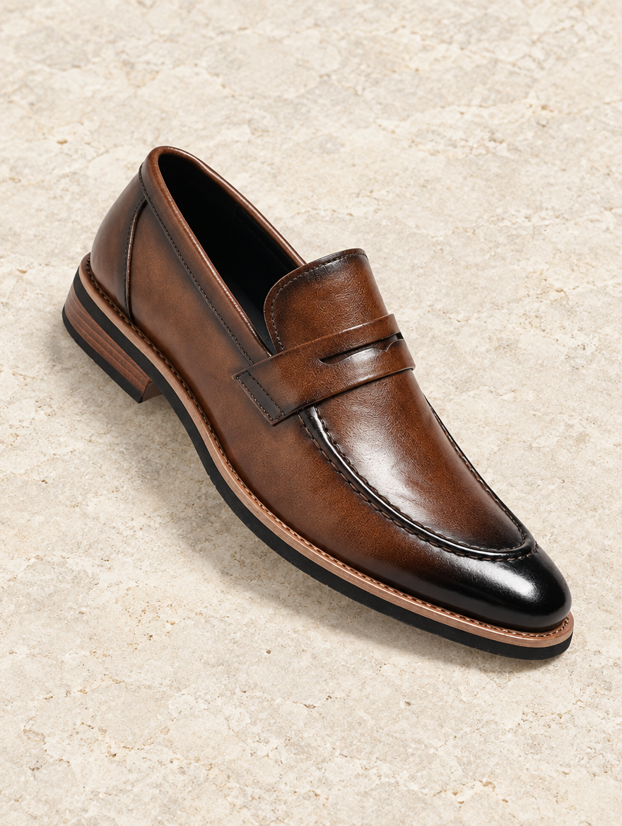 Brown penny loafer with apron toe and contrasting sole edge, studio detail