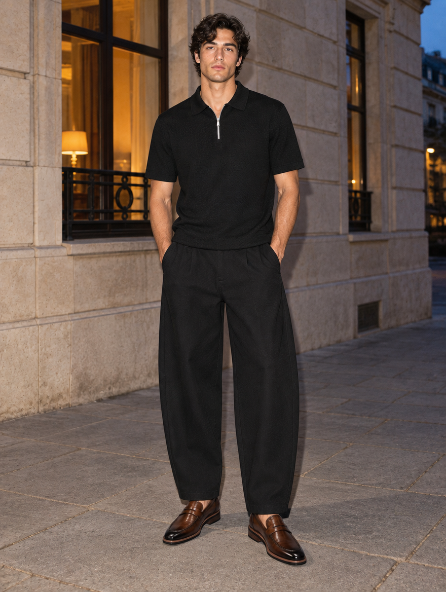 Full-length model wearing a black quarter-zip polo, black trousers and brown penny loafers