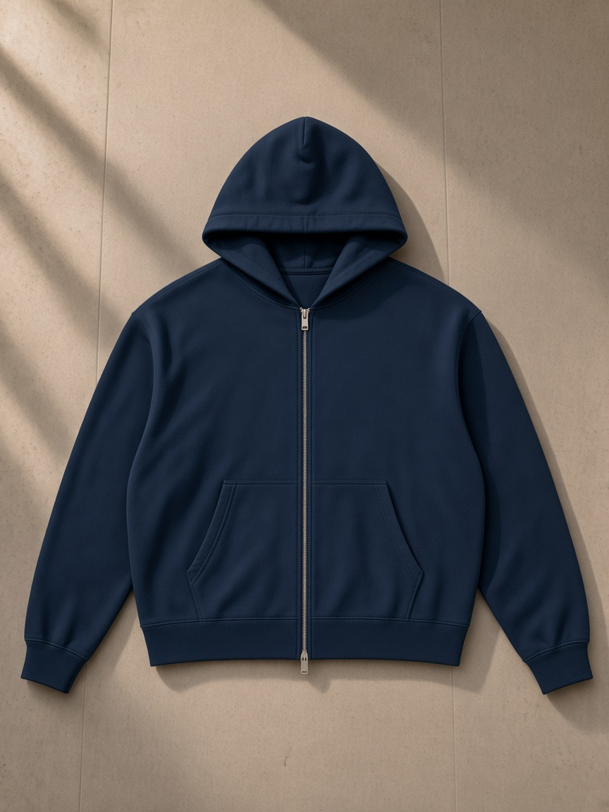 Women's Heavyweight Full Zip Hoodie in Navy Blue, laid flat on pale limestone, front.