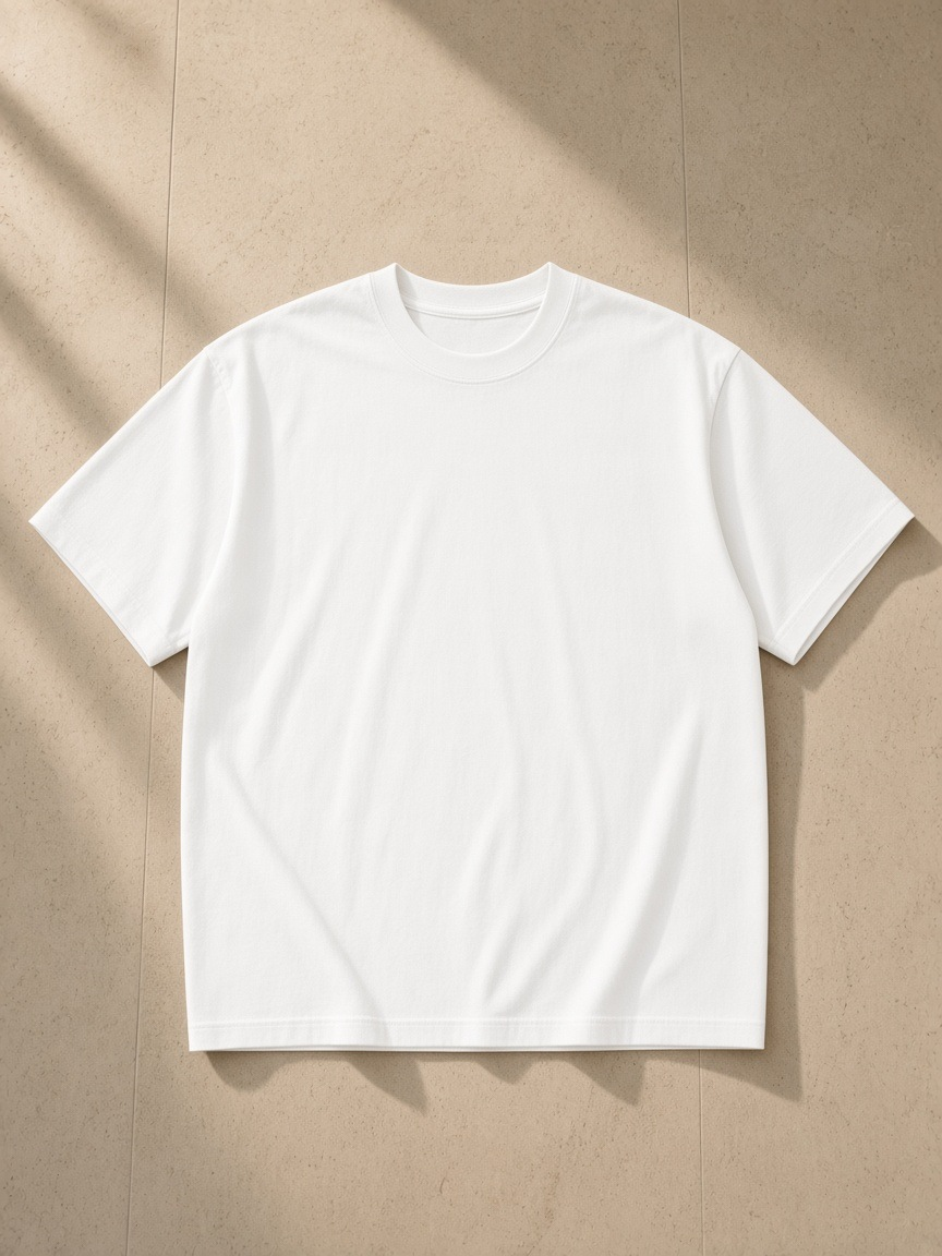 Unisex vintage wash distressed t-shirt in White, laid flat on pale limestone