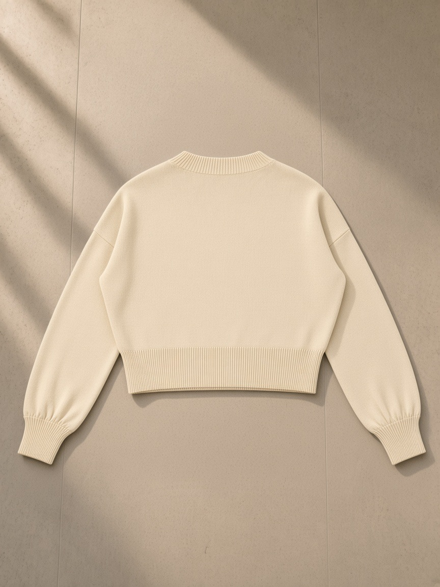 Women's Balloon Sleeve Cropped Sweater in Apricot, laid flat on pale limestone, back view