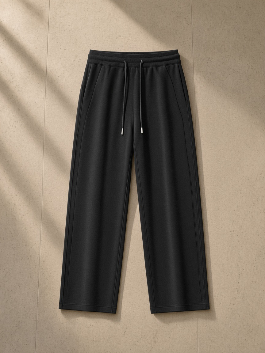 Essential Drawstring Straight-Leg Sweatpants in Black, laid flat on pale limestone