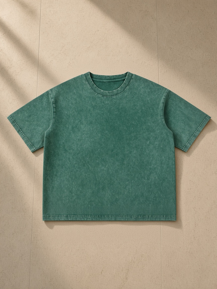 Unisex mineral wash boxy cotton t-shirt in Blackish Green, laid flat on pale limestone