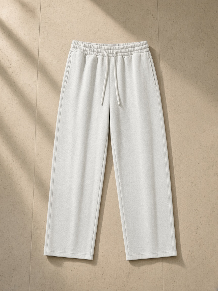 Straight-leg sweatpants in Oat Gray, laid flat on pale limestone