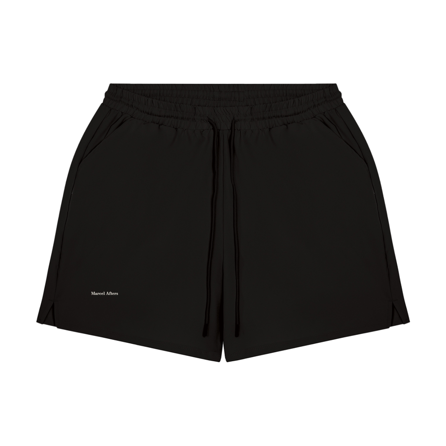 Men's Pocketed Compression-Lined Performance Shorts in Black, front view, drawstring waist and small Marcel Afters wordmark at the lower left leg