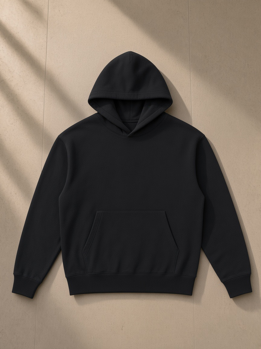 Heavyweight cotton hoodie in Black, laid flat on pale limestone