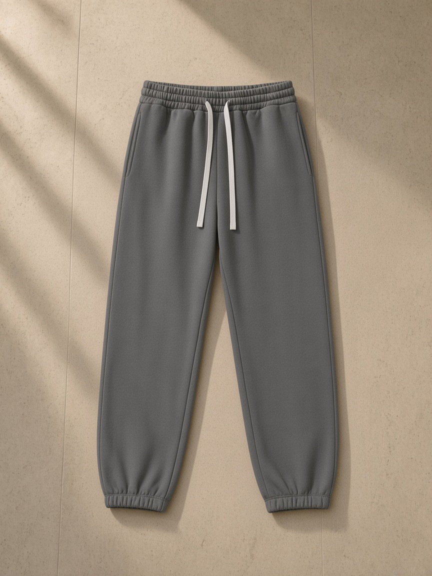 Essential fleece sweatpants in Cement Gray, laid flat on pale limestone