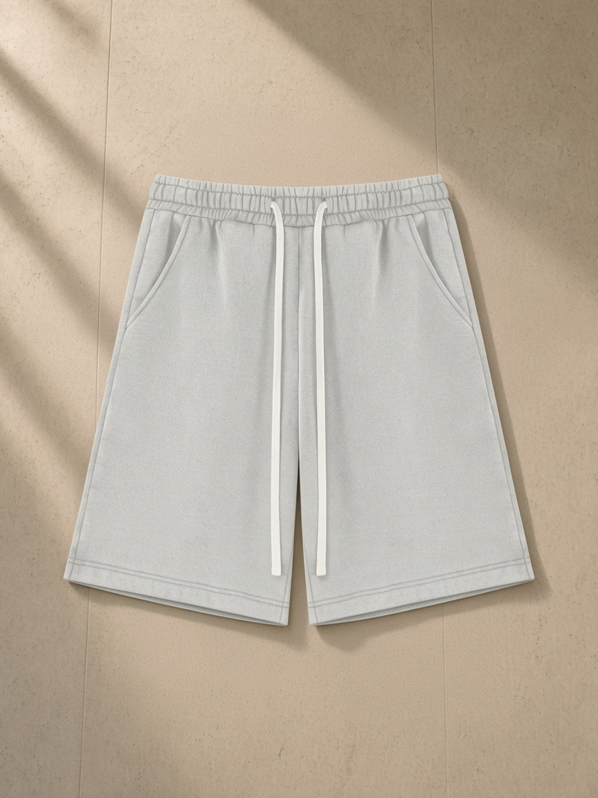 Unisex vintage wash fleece shorts in Light Gray, laid flat on pale limestone