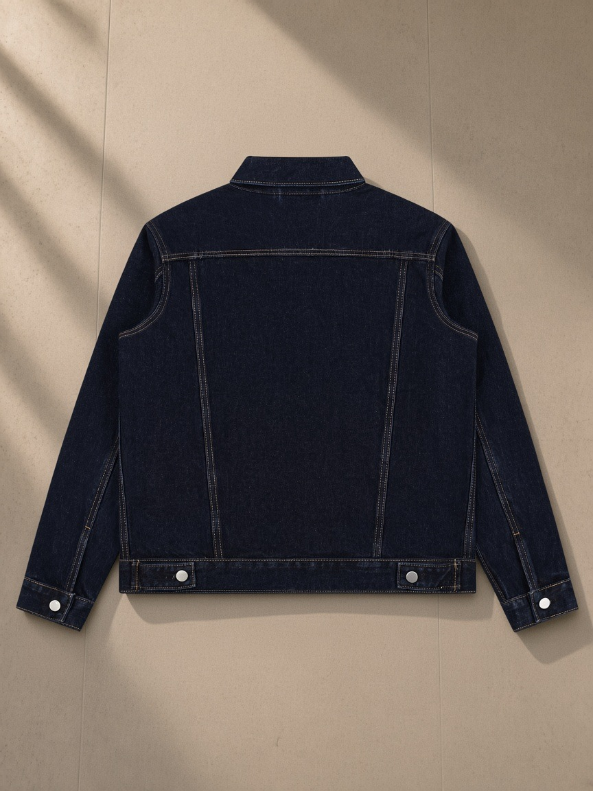 Vintage Wash Denim Jacket in Navy Blue, laid flat on pale limestone, back view