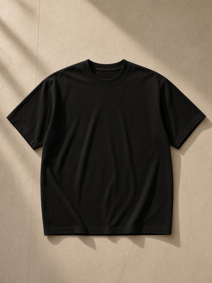 Heavyweight Drop Shoulder T-Shirt in Black, laid flat on pale limestone