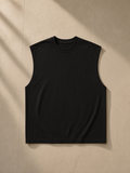 Raw edge cotton tank top in Black, front view