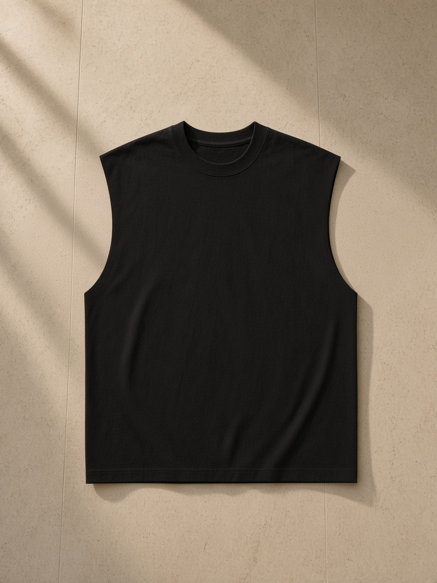 Raw edge cotton tank top in Black, front view