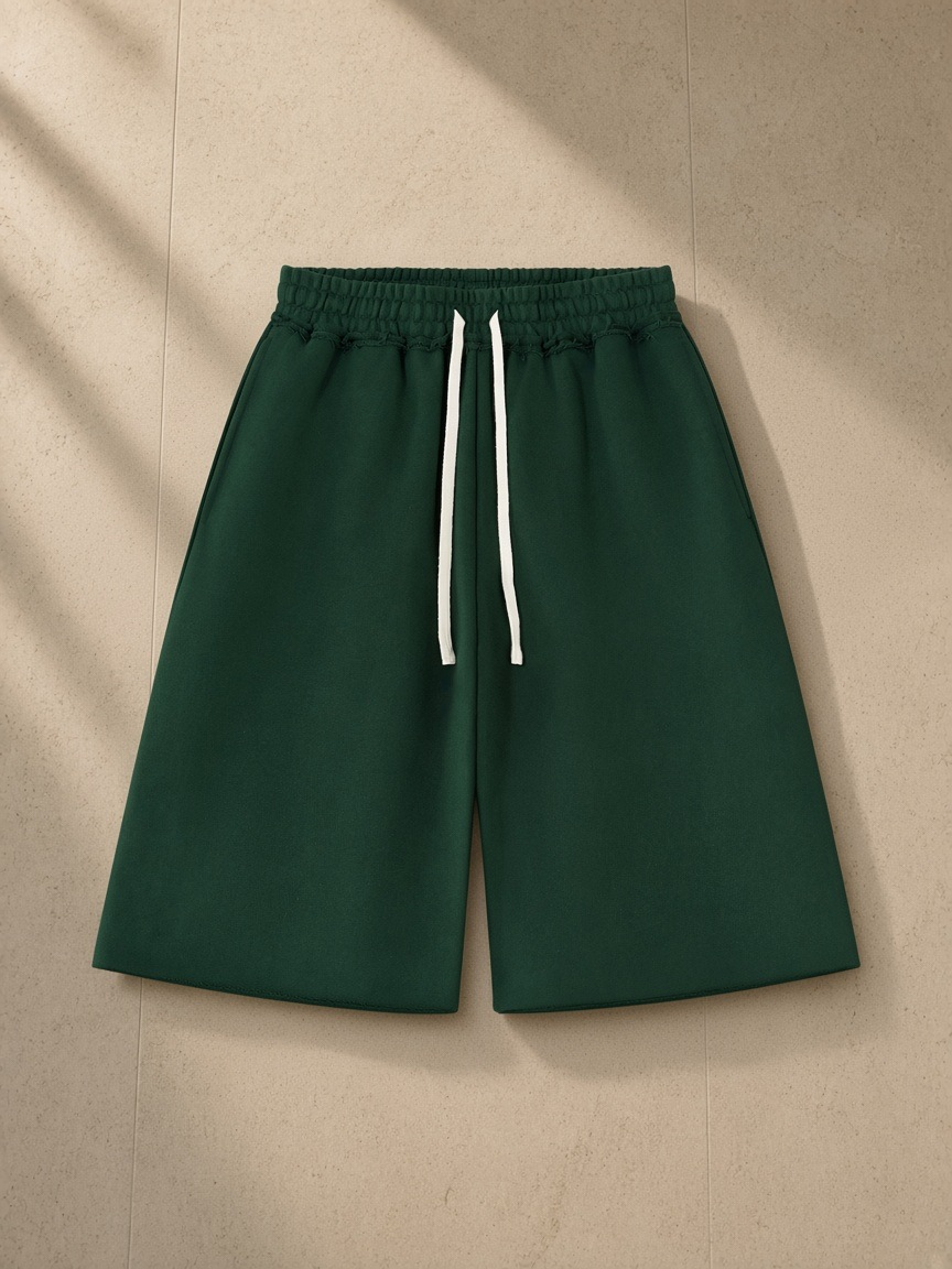 Heavyweight Raw Edge Shorts in Black, laid flat on pale limestone