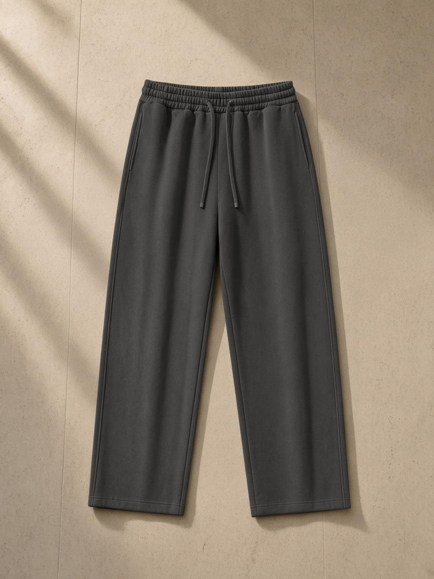 Unisex heavyweight sweatpants in Dark Gray, laid flat on pale limestone