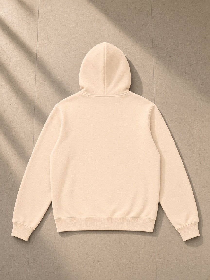 Unisex fleece regular shoulder hoodie in Apricot, laid flat on pale limestone, back view
