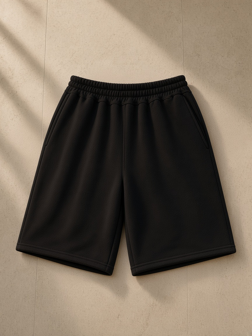 Raw edge fleece shorts in Black, laid flat on pale limestone
