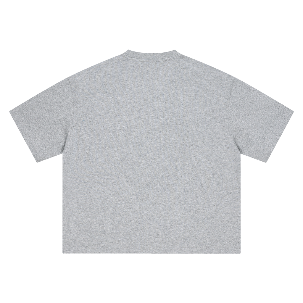 Women's Boxy Oversized T-Shirt in Flower Gray, back view, plain back; small Marcel Afters wordmark at the lower left front.