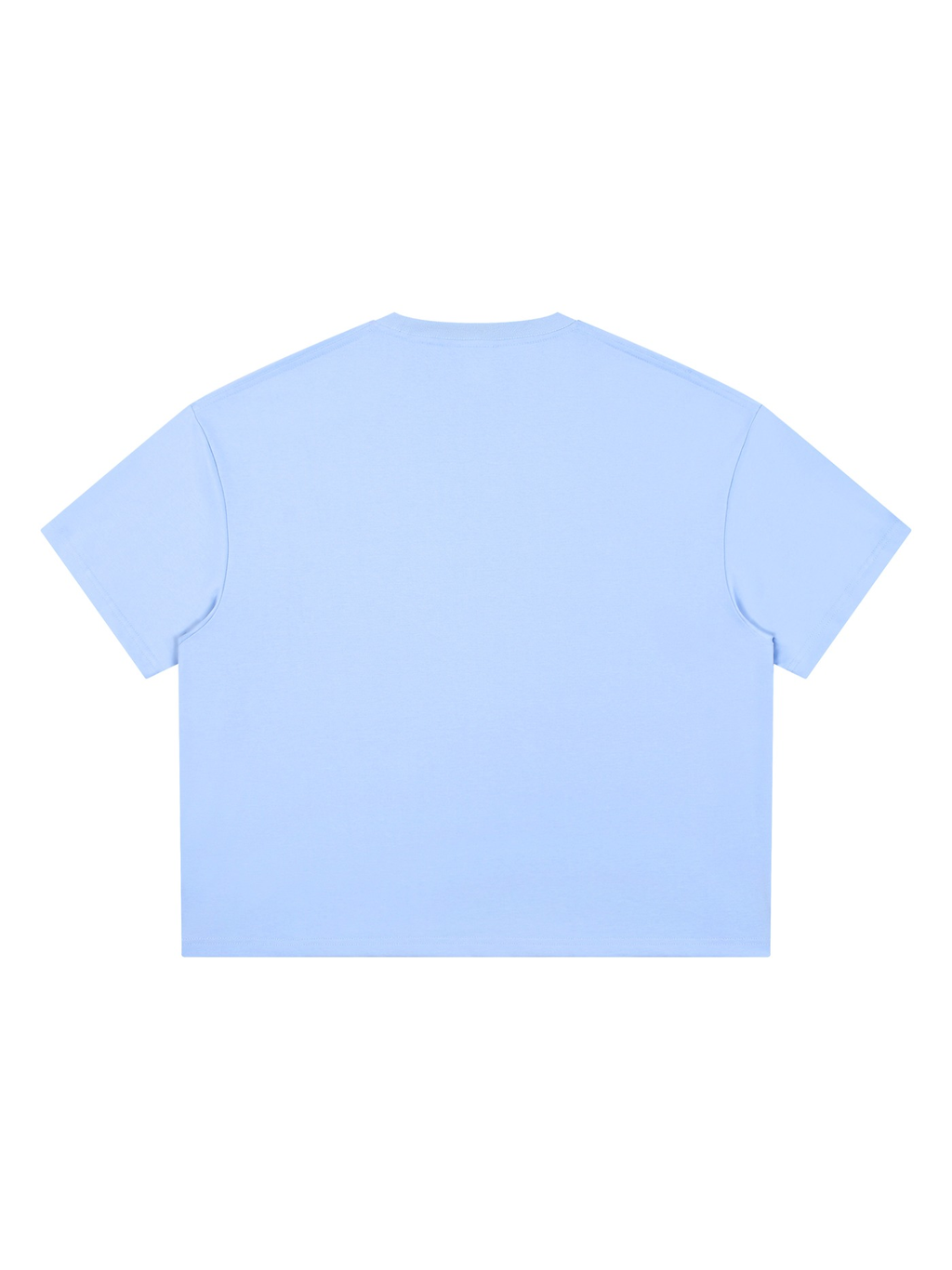 Unisex boxy Coolmax t-shirt in Light Blue, back view on white. Marcel Afters