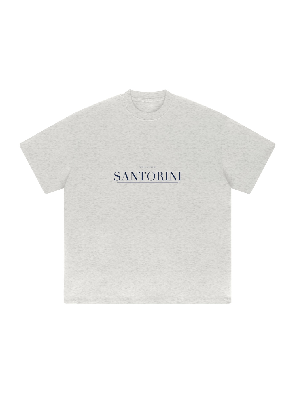 Santorini Heavyweight Drop Shoulder T-Shirt by Marcel Afters in Oat Gray, front view with the printed artwork, on white