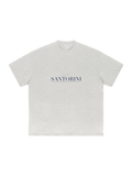 Santorini Heavyweight Drop Shoulder T-Shirt by Marcel Afters in Oat Gray, front view with the printed artwork, on white