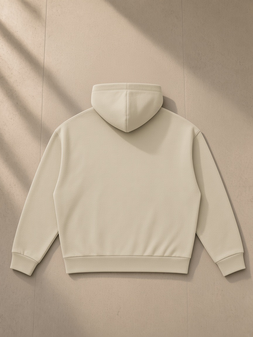 Unisex heavyweight fleece boxy hoodie in Khaki, laid flat on pale limestone, back view