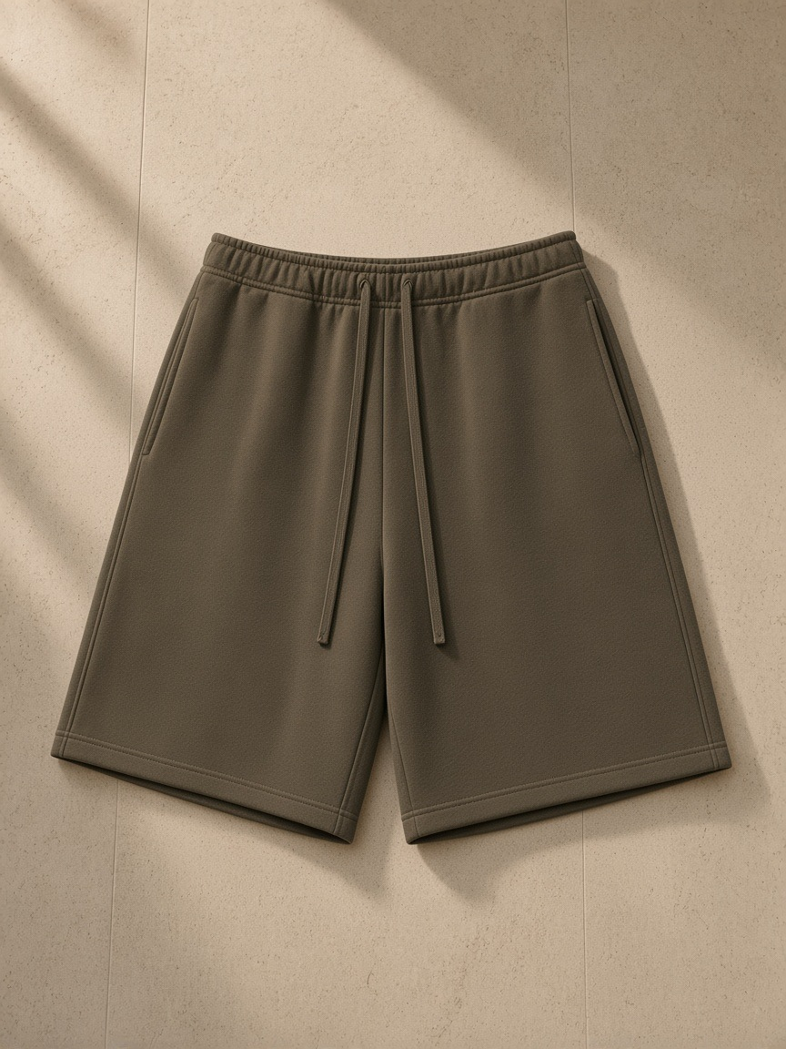 Essential heavyweight fleece shorts in Olive Green, laid flat on pale limestone