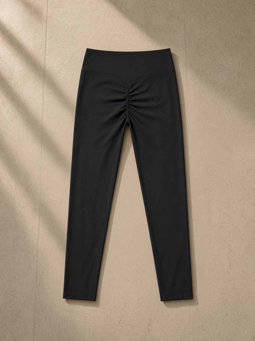 Women's High Waisted Ankle Leggings in Black, laid flat on pale limestone, back view