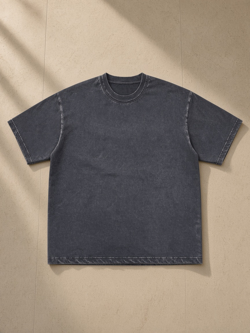 Snow washed raw-edge neckline t-shirt in Cold Gray, laid flat on pale limestone