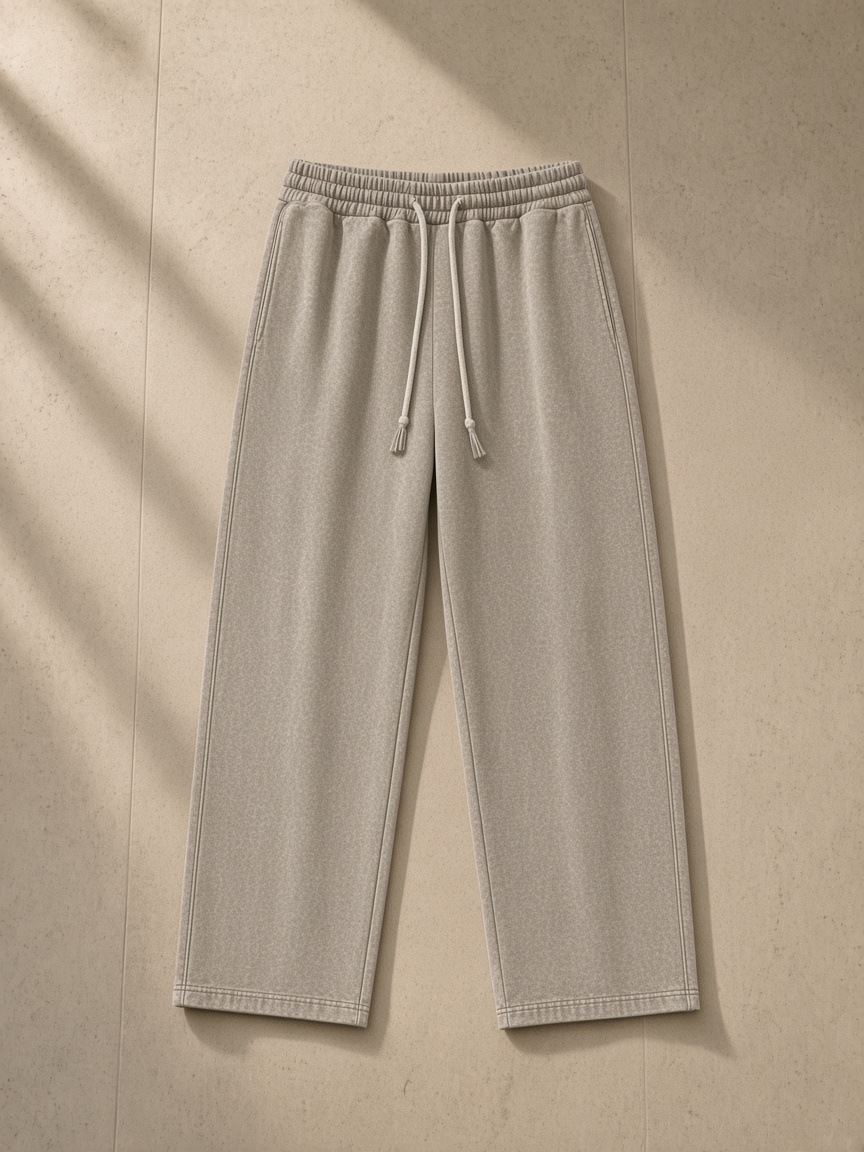 Snow Washed Straight Leg Pants in Stone Gray, laid flat on pale limestone