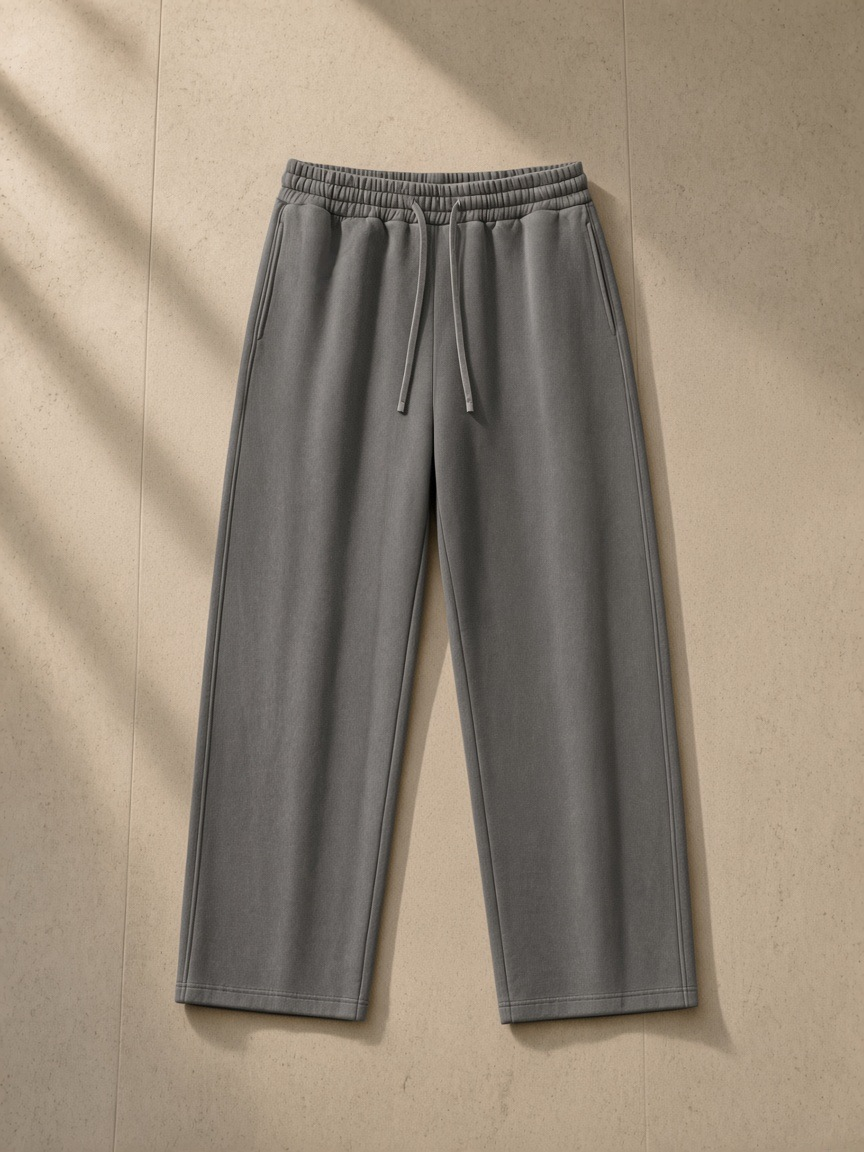 Straight Leg Sweatpants in Charcoal Gray, laid flat on pale limestone