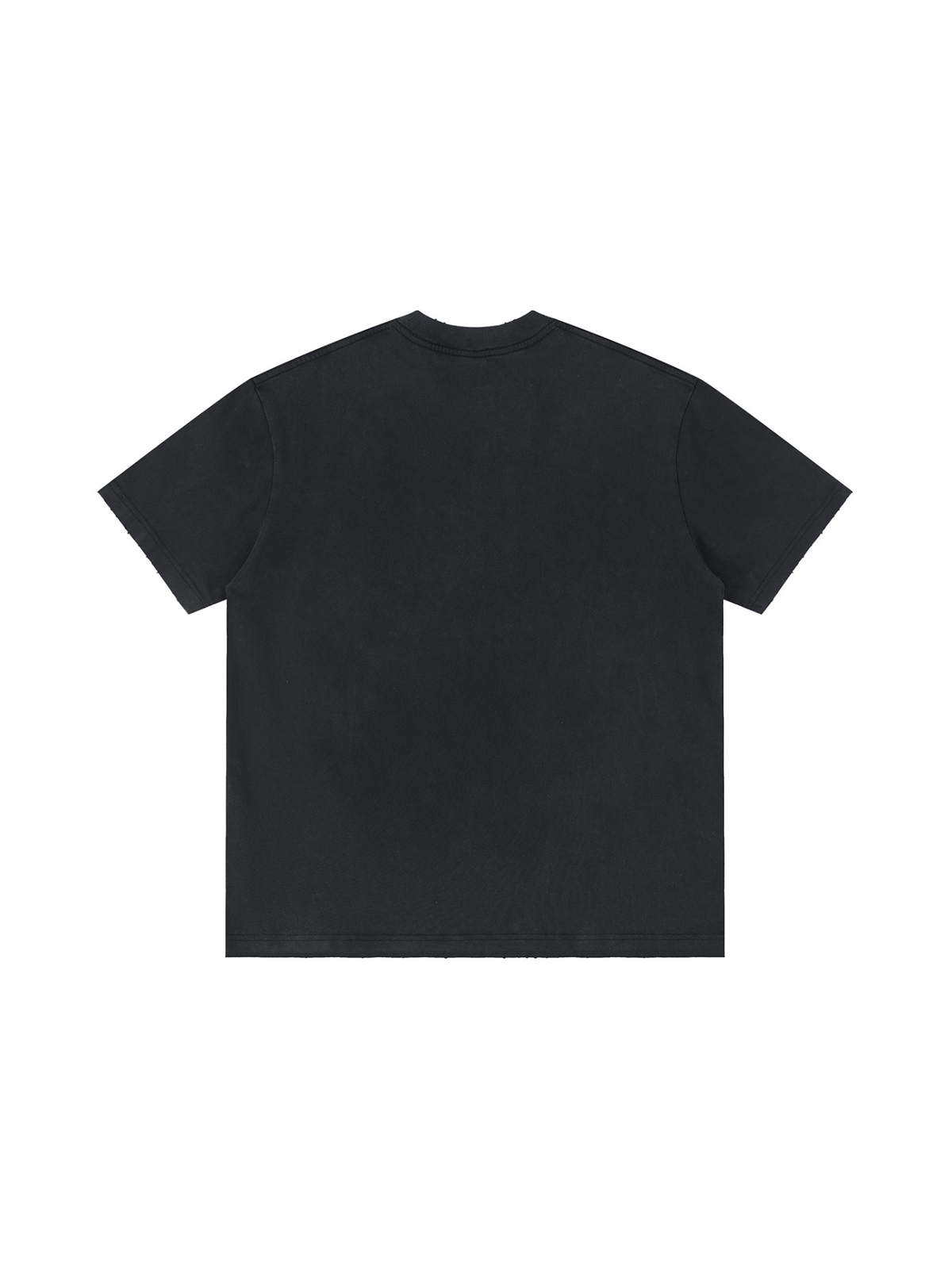 Unisex vintage wash distressed t-shirt in Dark Gray, back view on white. Marcel Afters