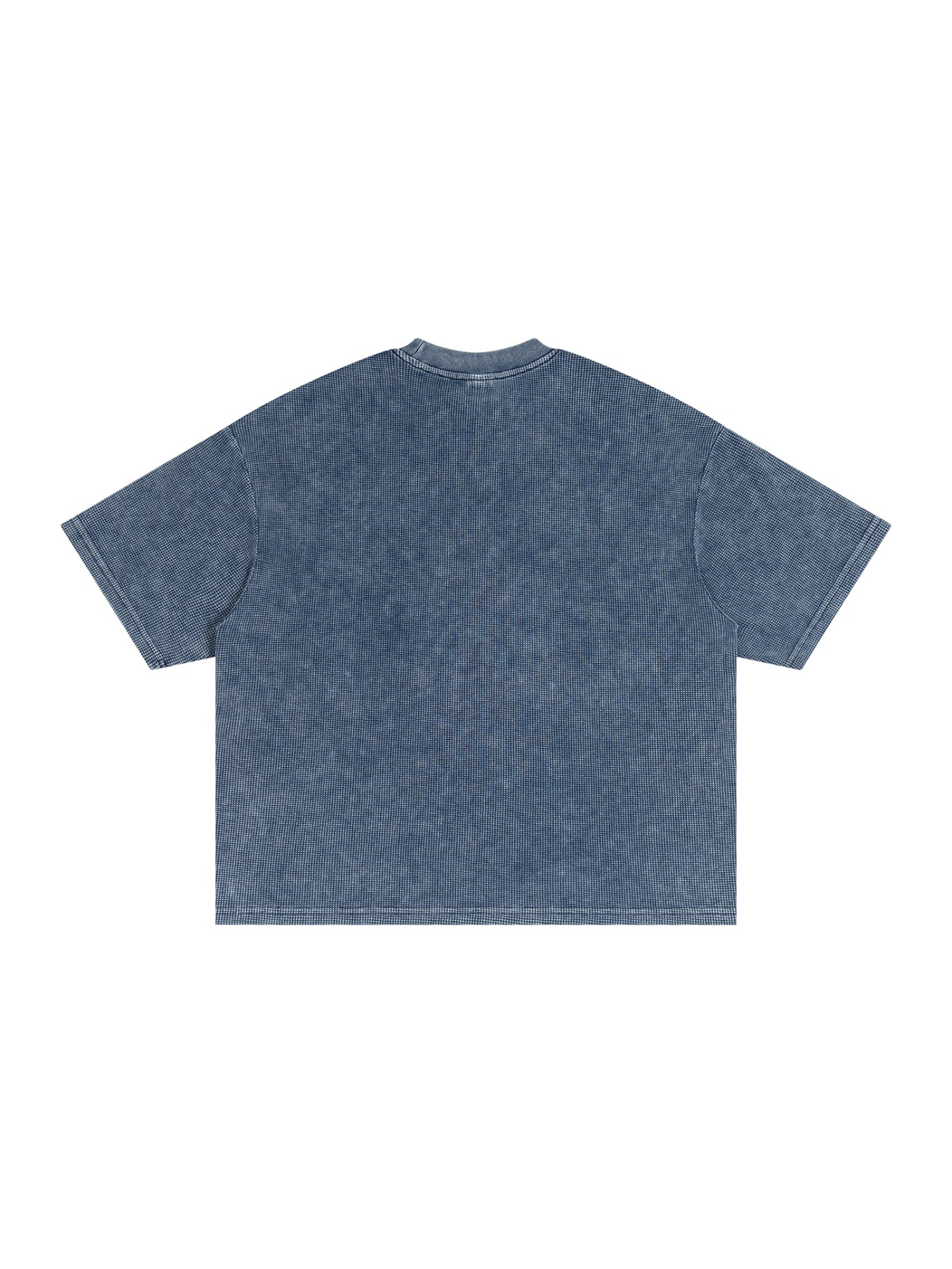 Unisex textured waffle washed boxy t-shirt in Haze Blue, back view on white. Marcel Afters