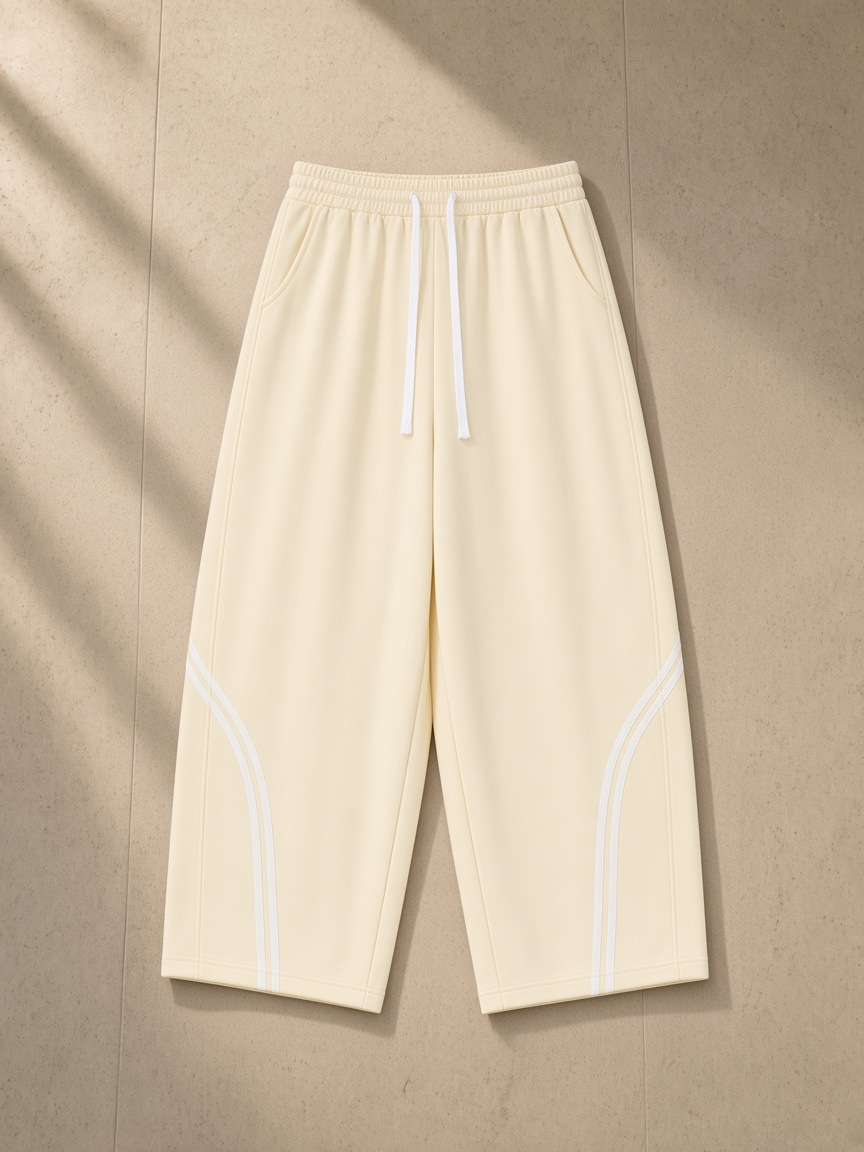 Wide Leg Piping Sweatpants in Apricot, laid flat on pale limestone