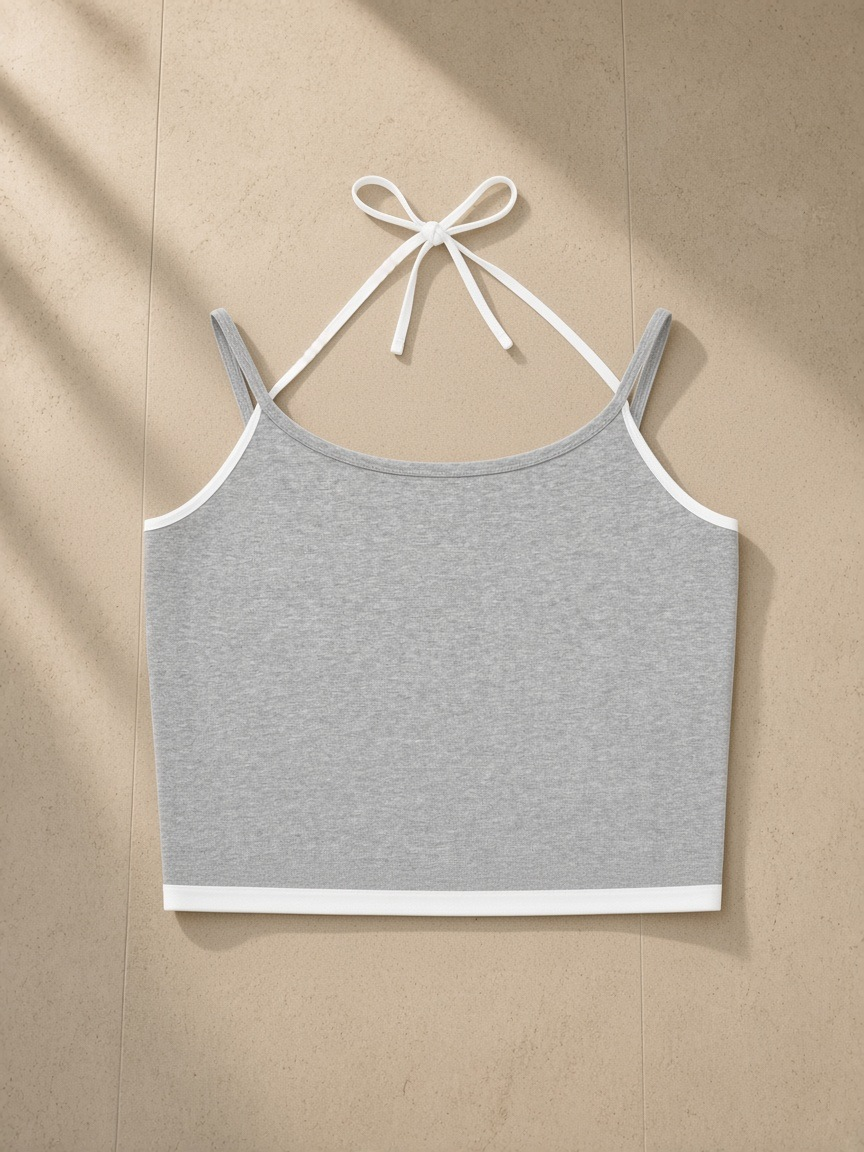 Women's Contrast Binding Halter Top in Flower Gray, laid flat on pale limestone