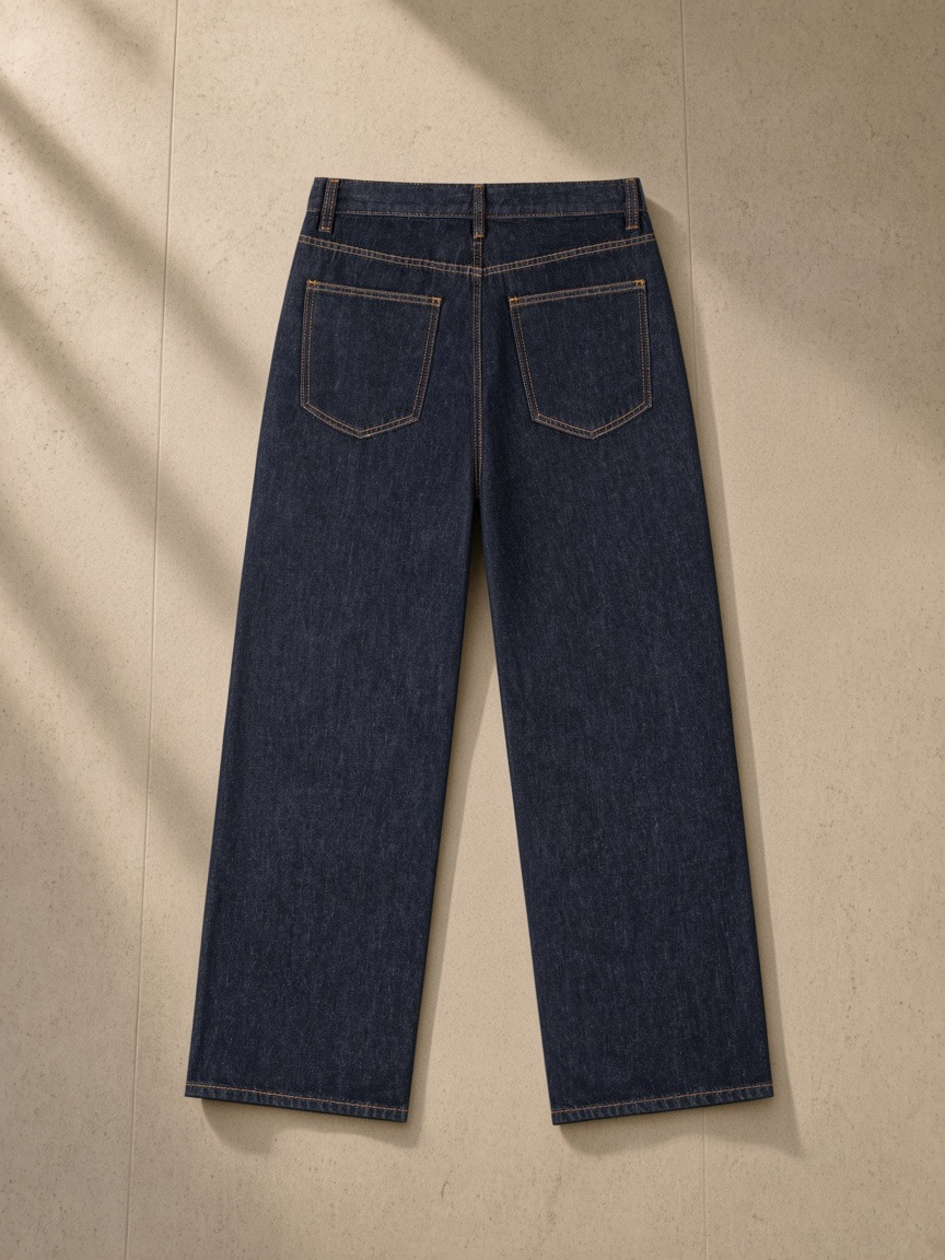 Heavyweight Straight-Leg Denim Jeans in Navy Blue, laid flat on pale limestone, back view