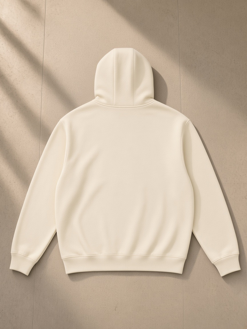 Fleeced high neck hoodie in Light Apricot, laid flat on pale limestone, back view
