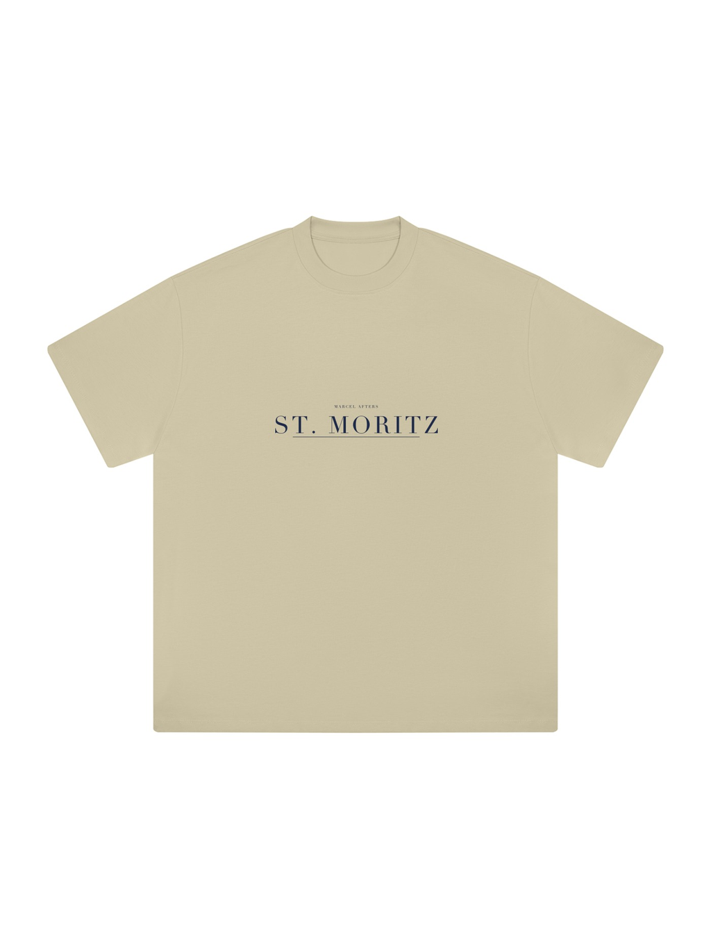 St. Moritz Heavyweight Drop Shoulder T-Shirt by Marcel Afters in Pale Khaki, front view with the printed artwork, on white